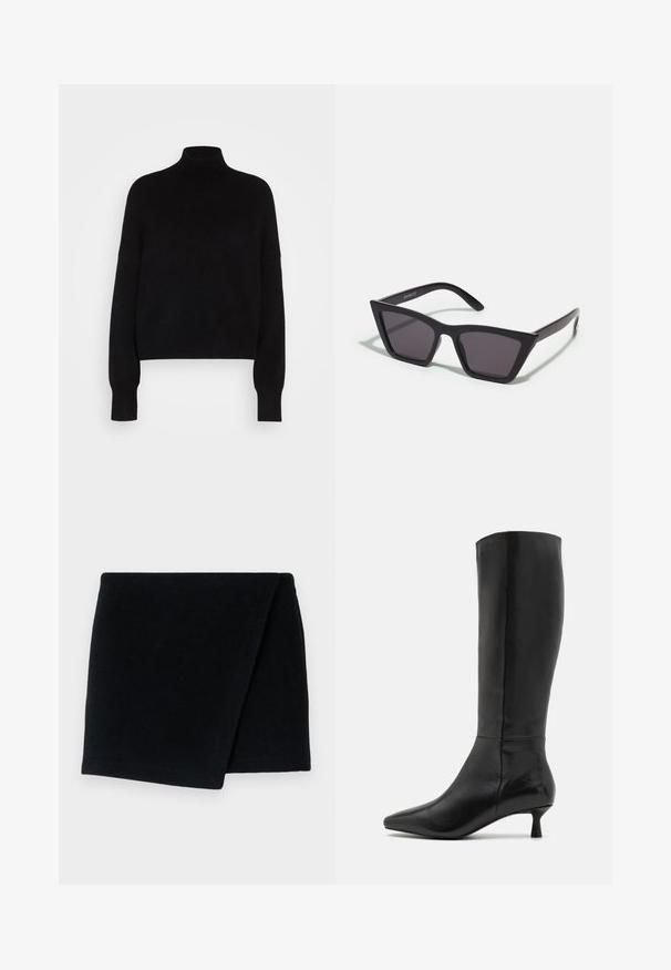 Pull en col roulé noir avec des manches longues, design cropped, texture tricotée et poignets ajustés. Simple, couleur unie sans motifs.; Écharpe en laine noire, forme rectangulaire, texture douce, pliée avec des bords nets, design minimal, adaptée pour garder au chaud et pour les superpositions.; Zign Bottes - black; Lunettes noires angulaires avec des verres gris ; fabriquées en plastique, avec des branches épaisses à la surface lisse et sans matériel visible.; Pochette en daim noir avec une fermeture éclair et une bandoulière amovible. Dotée de quincaillerie dorée et d'une texture lisse et mate.