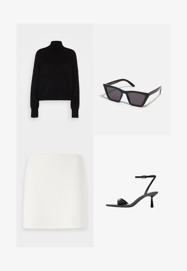 Sort rullekravesweater med lange ærmer, cropped design, strikket tekstur og tætsiddende manchetter. Enkel, ensfarvet uden mønstre.; Hvid, tætsiddende miniskørt med en glat tekstur og rene linjer. Ingen synlige mønstre eller hardware. Lige kant i bunden.; Bershka Højhælede sandaletter / Højhælede sandaler - black; Sorte, kantede solbriller med grå linser; lavet af plast, med tykke stænger med en glat overflade og ingen synlig hardware.; Sort ruskinds clutchtaske med lynlås og aftagelig håndledsrem. Har guldfarvet hardware og en glat, mat tekstur.