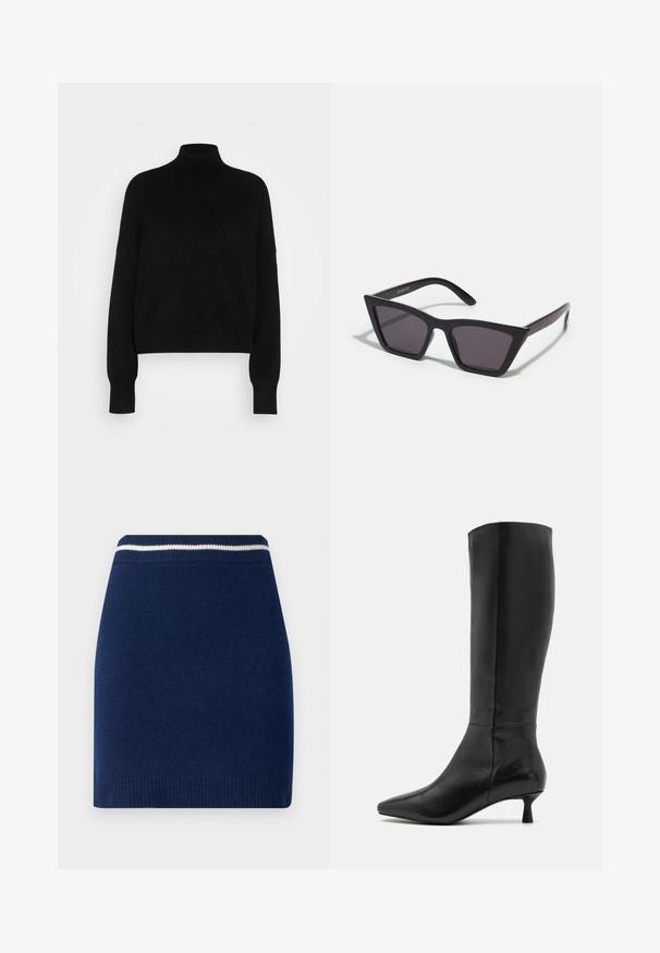 Pulover negru cu guler înalt, cu mâneci lungi, design scurt, textură tricotată și manșete ajustate. Simplu, de culoare uniformă, fără modele.; Fustă tricotată bleumarin cu un design ajustat, dotată cu un tiv elastic cu o dungi albe contrastante. Textură netedă, lungime deasupra genunchiului.; Zign Cizme - black; Ochelari de soare negri, unghiulari, cu lentile gri; fabricați din plastic, având brațe groase cu o suprafață netedă și fără hardware vizibil.; Geantă de mână din suede negru, cu închidere cu fermoar și bretea detașabilă pentru încheietura mâinii. Dispune de accesorii din metal aurit și o textură netedă, mată.