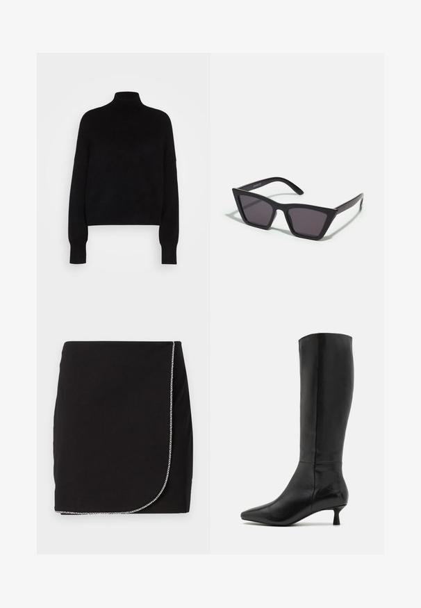 Černý rolák s dlouhými rukávy, zkrácený střih, pletená textura a přitažené manžety. Jednoduchá, jednobarevná bez vzorů.; Černá mini sukně z hladkého materiálu, s řetězovým akcentem podél lemu, s designem do zavinování a čistými liniemi.; Zign Vysoká obuv - black; Černé, ostré sluneční brýle s šedými skly; vyrobené z plastu, s mohutnými rameny a hladkým povrchem bez viditelného hardwaru.; Černá semišová kabelka na ruku se zipovým uzávěrem a odnímatelným zápěstním řemínkem. Vybaveno zlatými kovovými detaily a hladkým, matným povrchem.