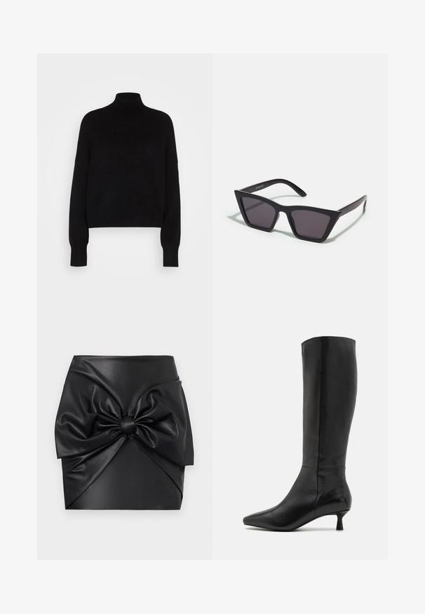 Maglione a collo alto nero con maniche lunghe, design crop, texture lavorata a maglia e polsini aderenti. Semplice, di un colore uniforme senza motivi.; Gonna mini in similpelle nera con un grande design a fiocco frontale, texture liscia e silhouette strutturata con dettagli plissettati.; Zign Stivali alti - black; Occhiali da sole neri e angolari con lenti grigie; realizzati in plastica, con aste spesse dalla superficie liscia e senza hardware visibile.; Borsa a pochette nera in suede con chiusura a zip e tracolla rimovibile. Presenta hardware in tonalità oro e una texture liscia e opaca.