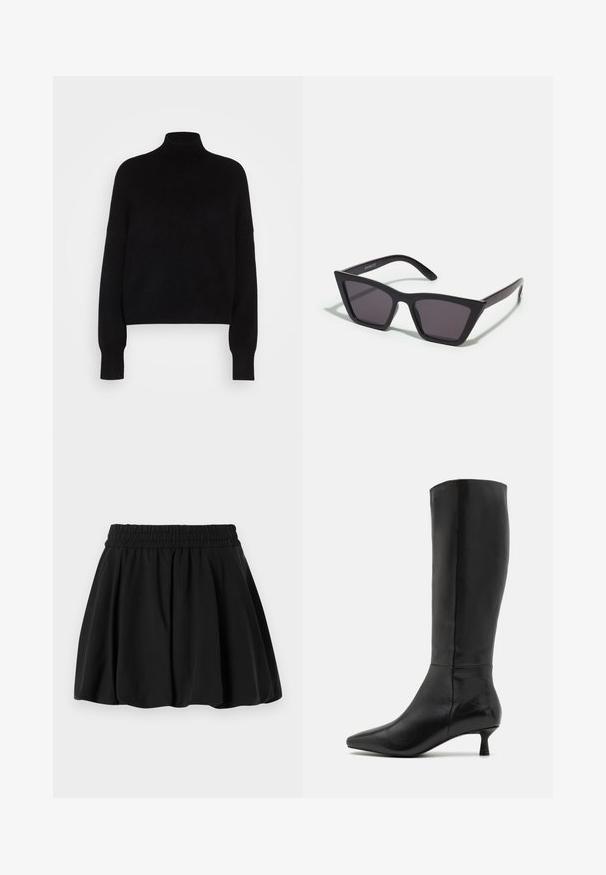 Sweater preto de gola alta com mangas longas, design curto, textura tricotada e punhos justos. Simples, de cor sólida sem padrões.; Saia preta com cintura franzida, design deslocado e textura suave. Tecido liso sem padrões visíveis ou detalhes de hardware.; Zign Botas - black; Óculos de sol pretos, angulares, com lentes cinzas; feitos de plástico, apresentando hastes grossas com uma superfície lisa e sem hardware visível.; Clutch bag preta em camurça, com fecho em zíper e alça de pulso removível. Apresenta acessórios em tom dourado e uma textura suave e fosca.