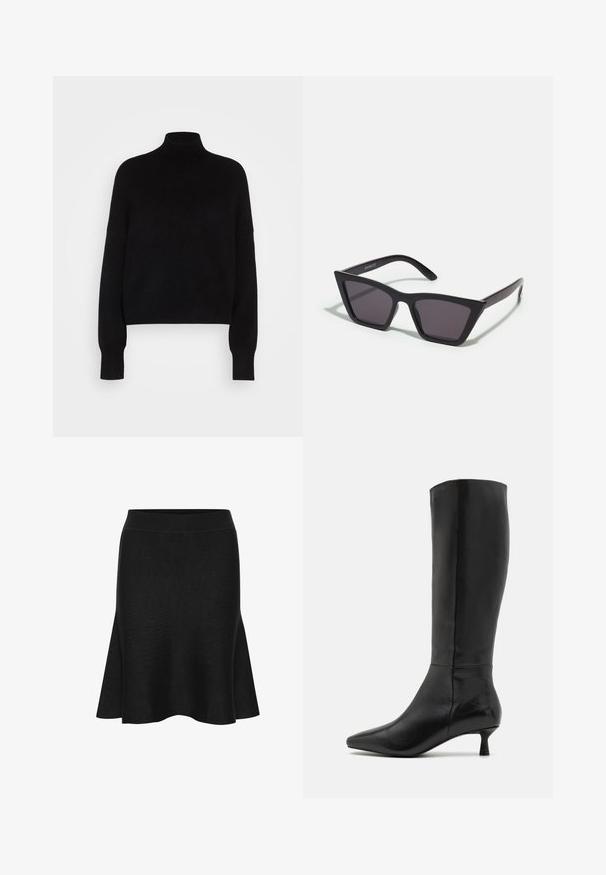 Black turtleneck sweater with long sleeves, cropped design, knitted texture, and fitted cuffs. Simple, solid color without patterns.; Black knit flared skirt with a wide waistband. Features a smooth texture and gentle flare at the hem. No visible patterns or accents.; Zign Boots - black; Black, angular sunglasses with gray lenses; made of plastic, featuring thick arms with a smooth surface and no visible hardware.; Black suede clutch bag with a zip closure and detachable wrist strap. Features gold-tone hardware and a smooth, matte texture.