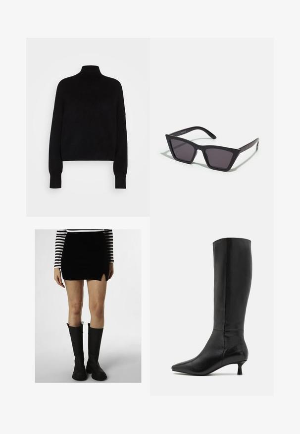 Melnā turtlenecka džemperis ar garām piedurknēm, īsā dizainā, adīts raksts un pieguļošas aproces. Vienkārša, vienkrāsaina bez rakstiem.; Melnas samta mini svārki ar sānu šķēlumu, apvienoti ar melniem gumijas zābakiem līdz ceļiem ar teksturētu apdari un cilpu akcentiem. Daudzkrāsaina svītraina garām piedurknēm blūze.; Zign Zābaki - black; Melni, stūrveida saulesbrilles ar pelēkiem objektīviem; izgatavotas no plastmasas, ar biezām kājām, kam ir gluda virsma un nav redzamu stiprinājumu.; Melnas zamšādas gēlu somiņa ar rāvējslēdzēju un noņemamu plaukstas siksniņu. Ar zelta tonis aparatūru un gludu, matētu tekstūru.