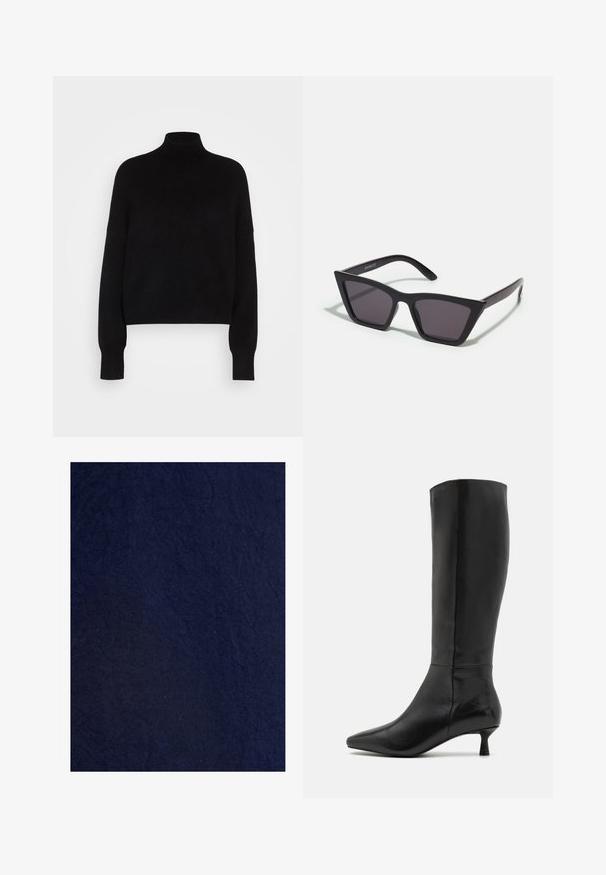 Pulover negru cu guler înalt, cu mâneci lungi, design scurt, textură tricotată și manșete ajustate. Simplu, de culoare uniformă, fără modele.; Material textil de culoare albastru marin, cu o textura crăpată, realizat dintr-un material moale, care prezintă variații tonale subtile.; Zign Cizme - black; Ochelari de soare negri, unghiulari, cu lentile gri; fabricați din plastic, având brațe groase cu o suprafață netedă și fără hardware vizibil.; Geantă de mână din suede negru, cu închidere cu fermoar și bretea detașabilă pentru încheietura mâinii. Dispune de accesorii din metal aurit și o textură netedă, mată.