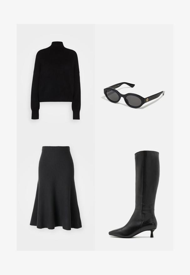 Black turtleneck sweater with long sleeves, cropped design, knitted texture, and fitted cuffs. Simple, solid color without patterns.; Black flared skirt made of soft fabric, featuring a high waist, smooth texture, and an A-line silhouette that extends to mid-calf length.; Zign Boots - black; Black oval sunglasses with dark lenses and glossy plastic frame. Features gold logo on the temple, offering a sleek and modern design.; Black suede clutch bag with a zip closure and detachable wrist strap. Features gold-tone hardware and a smooth, matte texture.
