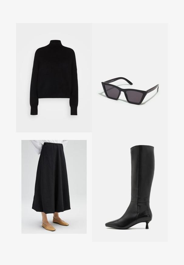 Suéter negro de cuello alto con mangas largas, diseño corto, textura de punto y puños ajustados. Color sólido y simple, sin patrones.; Falda midi negra con una superficie texturizada, que cuenta con una cinturilla elástica y una silueta fluida. Combinada con zapatos planos beige.; Zign Botas - black; Gafas de sol negras y angulares con lentes grises; fabricadas en plástico, con varillas gruesas de superficie suave y sin herrajes visibles.; Bolso de mano de ante negro con cierre de cremallera y correa para la muñeca desmontable. Presenta herrajes en tono dorado y una textura lisa y mate.