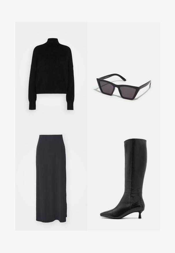 Černý rolák s dlouhými rukávy, zkrácený střih, pletená textura a přitažené manžety. Jednoduchá, jednobarevná bez vzorů.; Weekday SIGNE DRAPY SKIRT - Áčková sukně - black; Zign Vysoká obuv - black; Černé, ostré sluneční brýle s šedými skly; vyrobené z plastu, s mohutnými rameny a hladkým povrchem bez viditelného hardwaru.; Černá semišová kabelka na ruku se zipovým uzávěrem a odnímatelným zápěstním řemínkem. Vybaveno zlatými kovovými detaily a hladkým, matným povrchem.