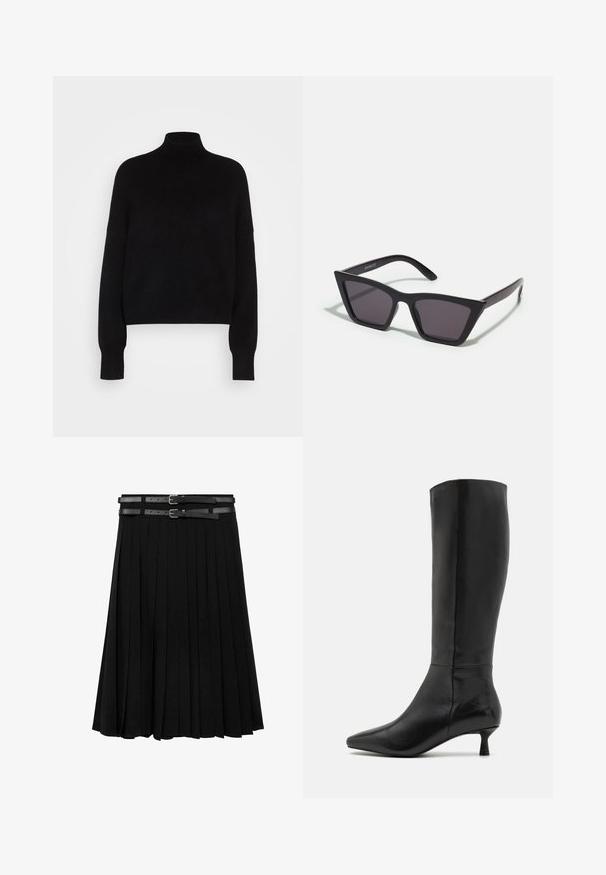 Suéter negro de cuello alto con mangas largas, diseño corto, textura de punto y puños ajustados. Color sólido y simple, sin patrones.; Falda negra plisada con dos correas de cuero y hebillas de plata en la cintura. Fabricada con un tejido suave y fluido.; Zign Botas - black; Gafas de sol negras y angulares con lentes grises; fabricadas en plástico, con varillas gruesas de superficie suave y sin herrajes visibles.; Bolso de mano de ante negro con cierre de cremallera y correa para la muñeca desmontable. Presenta herrajes en tono dorado y una textura lisa y mate.