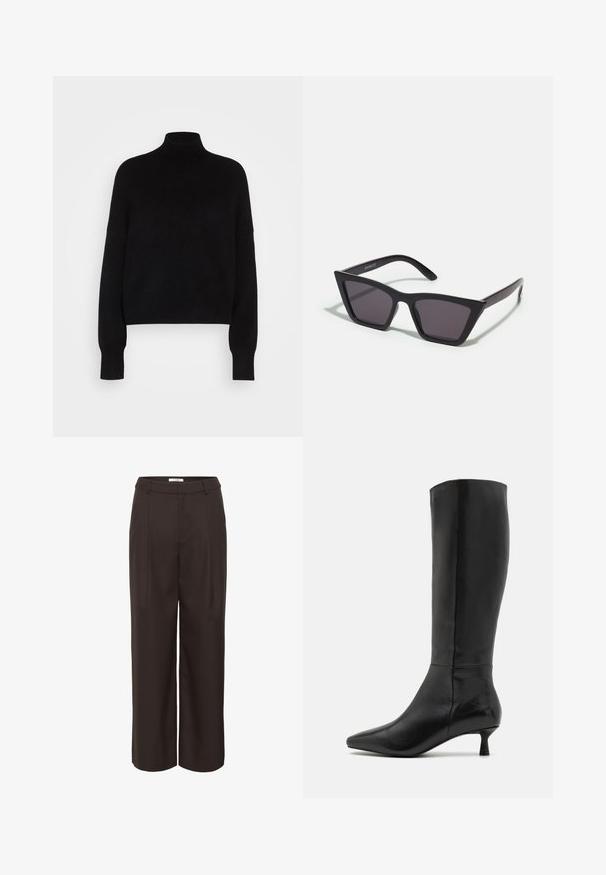 Black turtleneck sweater with long sleeves, cropped design, knitted texture, and fitted cuffs. Simple, solid color without patterns.; Brown wide-leg trousers made from a smooth fabric. Features a high waist, front pleats, and side pockets for functionality.; Zign Boots - black; Black, angular sunglasses with gray lenses; made of plastic, featuring thick arms with a smooth surface and no visible hardware.; Black suede clutch bag with a zip closure and detachable wrist strap. Features gold-tone hardware and a smooth, matte texture.