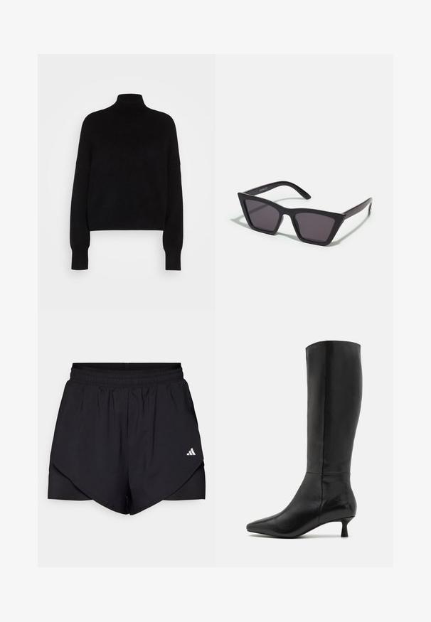 Schwarzer Rollkragenpullover mit langen Ärmeln, cropped Design, gestrickte Textur und eng anliegenden Bündchen. Einfach, einfarbig ohne Muster.; Schwarze Sportshorts mit gestuftem Design, aus leichtem Material gefertigt. Verfügt über einen elastischen Bund und ein kleines weißes Logo an der Seite.; Zign Stiefel - black; Schwarze, eckige Sonnenbrille mit grauen Gläsern; aus Kunststoff gefertigt, mit dicken Bügeln, die eine glatte Oberfläche und keine sichtbaren Beschläge haben.; Schwarze Wildleder-Clutch mit einem Reißverschluss und abnehmbarem Handgelenkband. Verfügt über goldfarbene Hardware und eine glatte, matte Oberfläche.