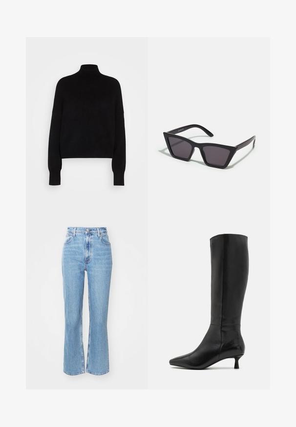 Čierny rolák s dlhými rukávmi, skrátený strih, pletená textúra a priliehavé manžety. Jednoduchá, jednoliata farba bez vzorov.; Svetlomodré vysoko pásikové džínsy s rozšírenými nohavicami. Vyrobené z denimu, s piatimi vreckami a zapínaním na gombík vpredu. S vyblednutou textúrou.; Zign Čižmy - black; Čierne, ostré slnečné okuliare so sivými sklami; vyrobené z plastu, majú hrubé ramená s hladkým povrchom a bez viditeľnej mechaniky.; Čierna semišová kabelka na ruku so zipsovým uzáverom a odnímateľným zápästným popruhom. Obsahuje zlaté kovové komponenty a hladký, matný povrch.