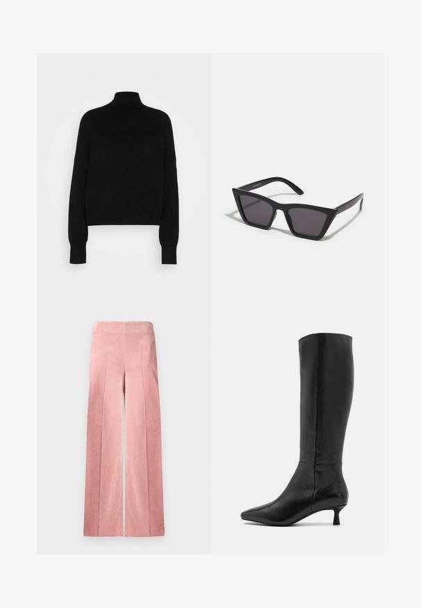Black turtleneck sweater with long sleeves, cropped design, knitted texture, and fitted cuffs. Simple, solid color without patterns.; Pale pink, wide-leg corduroy trousers with vertical ribbing and a fitted waistband. Smooth texture with a relaxed silhouette.; Zign Boots - black; Black, angular sunglasses with gray lenses; made of plastic, featuring thick arms with a smooth surface and no visible hardware.; Black suede clutch bag with a zip closure and detachable wrist strap. Features gold-tone hardware and a smooth, matte texture.