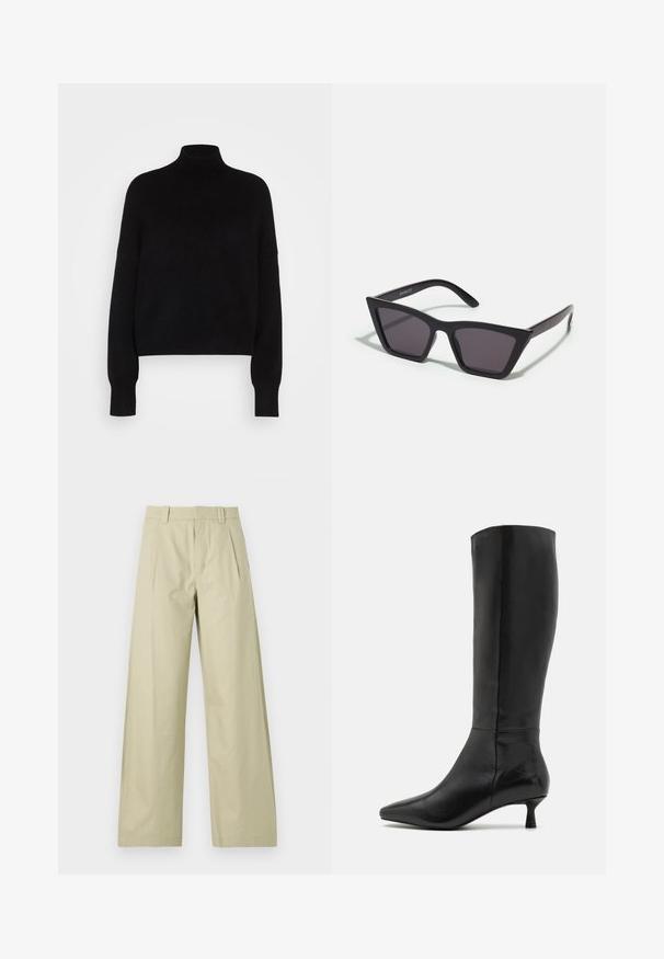 Pull en col roulé noir avec des manches longues, design cropped, texture tricotée et poignets ajustés. Simple, couleur unie sans motifs.; Pantalons larges en coton beige clair, présentant un devant plat avec des plis, des passants de ceinture et des ourlets à revers. Texture lisse et design décontracté.; Zign Bottes - black; Lunettes noires angulaires avec des verres gris ; fabriquées en plastique, avec des branches épaisses à la surface lisse et sans matériel visible.; Pochette en daim noir avec une fermeture éclair et une bandoulière amovible. Dotée de quincaillerie dorée et d'une texture lisse et mate.
