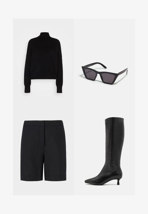 Melnā turtlenecka džemperis ar garām piedurknēm, īsā dizainā, adīts raksts un pieguļošas aproces. Vienkārša, vienkrāsaina bez rakstiem.; Melnas šortas, izgatavotas no viegla auduma, ar klasisku taisnu piegriezumu, minimālu dizainu un bez redzamiem aksesuāriem vai rakstiem.; Zign Zābaki - black; Melni, stūrveida saulesbrilles ar pelēkiem objektīviem; izgatavotas no plastmasas, ar biezām kājām, kam ir gluda virsma un nav redzamu stiprinājumu.; Melnas zamšādas gēlu somiņa ar rāvējslēdzēju un noņemamu plaukstas siksniņu. Ar zelta tonis aparatūru un gludu, matētu tekstūru.