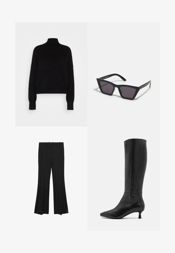 Schwarzer Rollkragenpullover mit langen Ärmeln, cropped Design, gestrickte Textur und eng anliegenden Bündchen. Einfach, einfarbig ohne Muster.; Mango Stoffhose - black; Zign Stiefel - black; Schwarze, eckige Sonnenbrille mit grauen Gläsern; aus Kunststoff gefertigt, mit dicken Bügeln, die eine glatte Oberfläche und keine sichtbaren Beschläge haben.; Schwarze Wildleder-Clutch mit einem Reißverschluss und abnehmbarem Handgelenkband. Verfügt über goldfarbene Hardware und eine glatte, matte Oberfläche.
