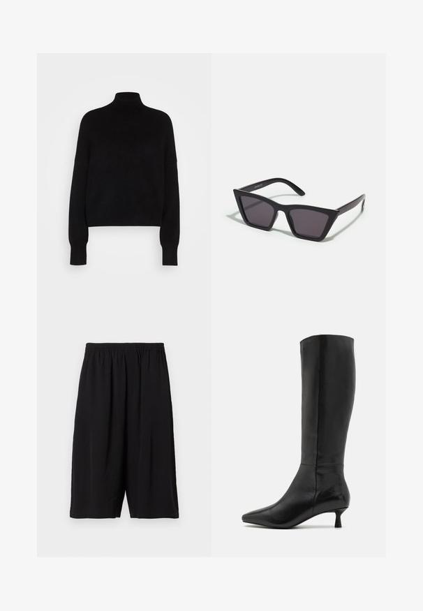 Musthave mustriba mustra pika pikendatud disain, kudumise tekstuur ja tihedad mansetid. Lihtne, ühtlane värv ilma mustriteta.; Filippa K CASUAL - Lühikesed püksid - black; Zign Saapad - black; Mustad mustrakellad, millel on hallid šabloonid; valmistatud plastist, paksude ja siledate kätega, ilma nähtava riistvarata.; Mustan sametist käsipakiga kotike, millel on tõmblukuga sulgemine ja eemaldatav randme rihm. Omab kuldse tooni riistu ja sileda, mati tekstuuri.