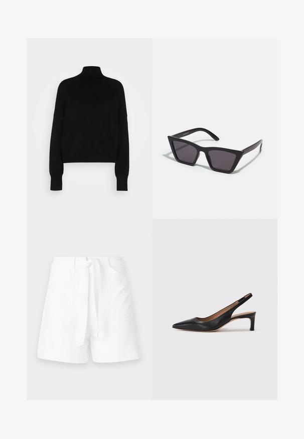 Maglione a collo alto nero con maniche lunghe, design crop, texture lavorata a maglia e polsini aderenti. Semplice, di un colore uniforme senza motivi.; Pantaloni corti bianchi con vita regolabile, dotati di due tasche laterali e un tessuto liscio e strutturato. Taglio classico con linee pulite.; Pump slingback in pelle nera con punta appuntita, tacco basso e texture liscia. Presenta una sottile cinghia regolabile per una vestibilità sicura.; Occhiali da sole neri e angolari con lenti grigie; realizzati in plastica, con aste spesse dalla superficie liscia e senza hardware visibile.