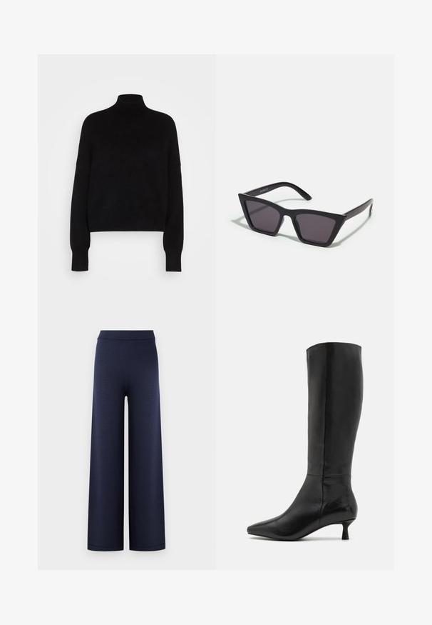 Zwarte coltrui met lange mouwen, cropped ontwerp, gebreide textuur en aansluitende manchetten. Eenvoudig, effen kleur zonder patronen.; Navy wijde broek, gemaakt van een gestructureerde breimateriaal, met een soepele elastische tailleband en zonder zichtbare sluitingen.; Zign Laarzen - black; Zwarte, hoekige zonnebril met grijze lenzen; gemaakt van plastic, met dikke armen met een gladde oppervlakte en zonder zichtbare hardware.; Zwarte suède clutchtas met een ritssluiting en een afneembare polsband. Voorzien van goudkleurige hardware en een gladde, matte textuur.