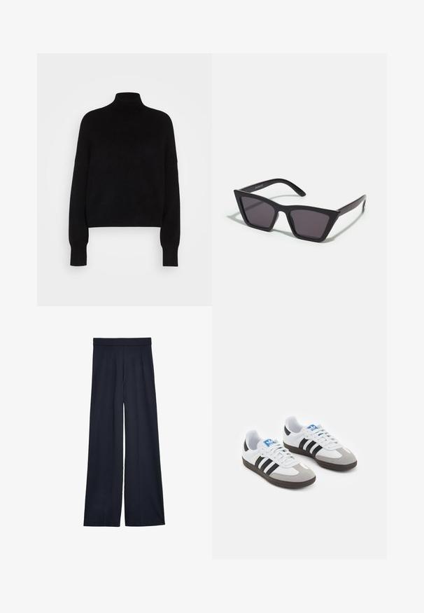 Maglione a collo alto nero con maniche lunghe, design crop, texture lavorata a maglia e polsini aderenti. Semplice, di un colore uniforme senza motivi.; Pantaloni wide-leg blu navy con una texture morbida, dotati di una vita aderente e pieghe frontali per un tocco di design in più.; Scarpe sportive con tomaia in pelle bianca, punta in suede grigia e tre strisce nere. Presentano un logo blu sulla linguetta e una suola in gomma testurizzata.; Occhiali da sole neri e angolari con lenti grigie; realizzati in plastica, con aste spesse dalla superficie liscia e senza hardware visibile.
