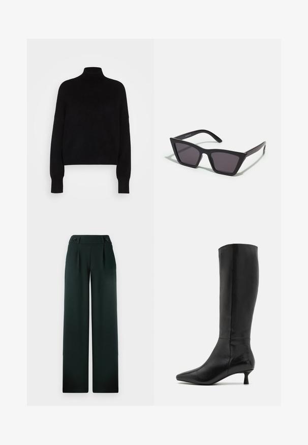 Sweater preto de gola alta com mangas longas, design curto, textura tricotada e punhos justos. Simples, de cor sólida sem padrões.; Calças largas verde-escuro feitas de um tecido suave, com um cós alto, pregas e dois botões pretos proeminentes na frente.; Zign Botas - black; Óculos de sol pretos, angulares, com lentes cinzas; feitos de plástico, apresentando hastes grossas com uma superfície lisa e sem hardware visível.; Clutch bag preta em camurça, com fecho em zíper e alça de pulso removível. Apresenta acessórios em tom dourado e uma textura suave e fosca.