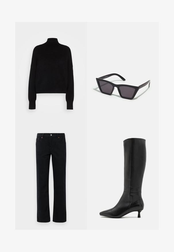 Musta poolpikkade varrukatega sviiter, mis on kootud tekstuuriga ja kitseneva disainiga. Lihtne, ühevärviline, ilma mustrita.; Suorat mustat farkut, joissa on etu- ja takataskut, vyölenkit, napitus ja kuparirivettiedot.; Zign Saappaat - black; Mustat, kulmikkaat aurinkolasit harmailla linsseillä; valmistettu muovista, paksuilla varsilla, joissa on sileä pinta ja ilman näkyvää metalliosaa.; Musta nubukista valmistettu ristikkokassi, jossa on vetoketjusulku ja irrotettava rannekapseli. Varustettu kultasävyisillä osilla ja sileällä, matalla pinnalla.