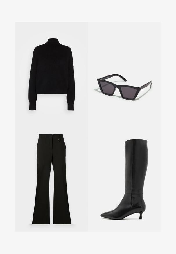Fekete garbós pulóver hosszú ujjal, cropped fazonban, kötött textúrájú és szűkített mandzsettákkal. Egyszerű, egyszínű, minta nélkül.; Fekete, bővülő szárú nadrág sima anyaggal, elöl pliszírozott, elegáns derékpánttal és egy kis dekoratív fém díszítéssel.; Zign Csizmák - black; Fekete, szögletes napszemüveg szürke lencsékkel; műanyagból készült, vastag karokkal, sima felülettel és látható hardver nélkül.; Fekete velúr kisestély tasak cipzárral és levehető csuklópánttal. Aranyszínű hardware-rel és sima, matt textúrával rendelkezik.