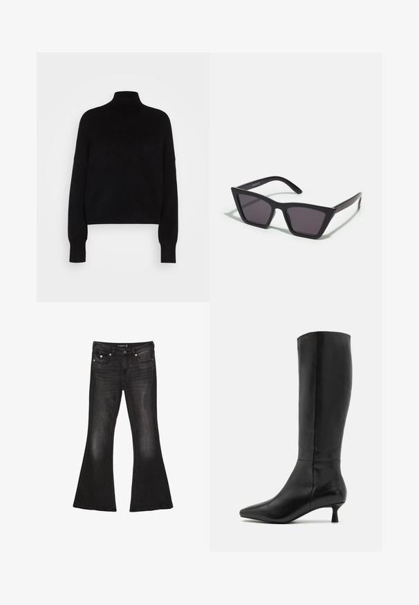 Czarny sweter z golfem, z długimi rękawami, krótki fason, dziany teksturą i dopasowanymi mankietami. Prosty, jednolity kolor bez wzorów.; Czarne dżinsy typu dzwony z średnim stanem, z pięcioma kieszeniami, kontrastowym przeszyciem i akcentami z srebrnego metalu.; Zign - Kozaki; Czarne, kanciaste okulary przeciwsłoneczne z szarymi soczewkami; wykonane z plastiku, z grubymi zausznikami o gładkiej powierzchni i bez widocznych elementów metalowych.; Czarna zamszowa kopertówka z zapięciem na zamek i odpinanym paskiem na nadgarstek. Wyposażona w elementy w kolorze złotym oraz gładką, matową fakturę.