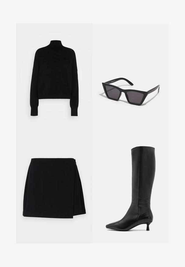 Černý rolák s dlouhými rukávy, zkrácený střih, pletená textura a přitažené manžety. Jednoduchá, jednobarevná bez vzorů.; Černá zavinovací sukně s hladkou texturou a volným designem. Sukně má krátkou délku a boční rozparek pro snadný pohyb.; Zign Vysoká obuv - black; Černé, ostré sluneční brýle s šedými skly; vyrobené z plastu, s mohutnými rameny a hladkým povrchem bez viditelného hardwaru.; Černá semišová kabelka na ruku se zipovým uzávěrem a odnímatelným zápěstním řemínkem. Vybaveno zlatými kovovými detaily a hladkým, matným povrchem.