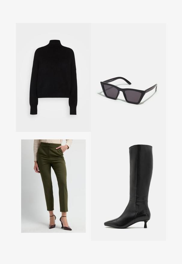 Černý rolák s dlouhými rukávy, zkrácený střih, pletená textura a přitažené manžety. Jednoduchá, jednobarevná bez vzorů.; Olivově zelené kalhoty na míru s vysokým pasem, zúženými nohavicemi a předními švy. Doplněné bordó špičatými podpatky a lehkou blůzou.; Zign Vysoká obuv - black; Černé, ostré sluneční brýle s šedými skly; vyrobené z plastu, s mohutnými rameny a hladkým povrchem bez viditelného hardwaru.; Černá semišová kabelka na ruku se zipovým uzávěrem a odnímatelným zápěstním řemínkem. Vybaveno zlatými kovovými detaily a hladkým, matným povrchem.