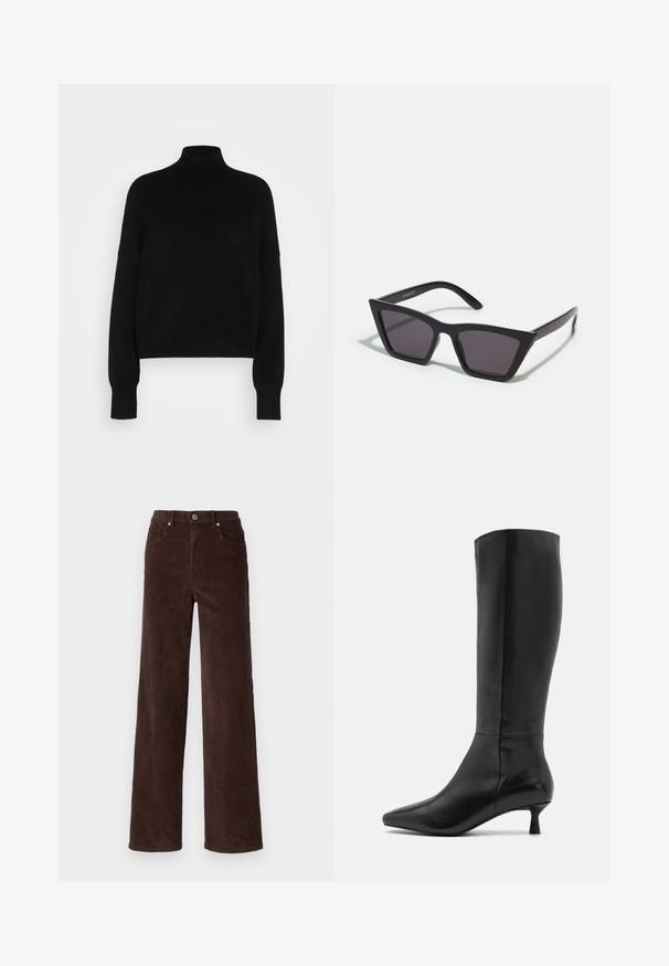 Črna turtleneck pulover s dolgimi rokavi, krajša zasnova, pletena tekstura in oprijeti manšeti. Preprost, enobarven brez vzorcev.; Vero Moda VMTESSA WIDE PANTS - Hlače - chocolate torte; Zign Škornji - black; Črne, angularne sončne očala z sivimi lečami; izdelana iz plastike, imajo debele ročke z gladko površino in brez vidne opreme.; Črna semiš torbica z zadrgo in odstranljivim zapestnim trakom. Ima zlate kovinske dodatke in gladko, mat površino.