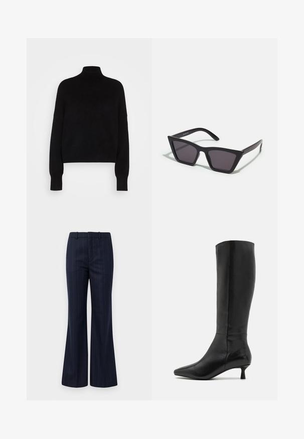 Suéter negro de cuello alto con mangas largas, diseño corto, textura de punto y puños ajustados. Color sólido y simple, sin patrones.; Pantalones a rayas marino con diseño de pierna acampanada, fabricados en un tejido texturizado, con una parte frontal plana y presillas para cinturón que ofrecen un ajuste ceñido.; Zign Botas - black; Gafas de sol negras y angulares con lentes grises; fabricadas en plástico, con varillas gruesas de superficie suave y sin herrajes visibles.; Bolso de mano de ante negro con cierre de cremallera y correa para la muñeca desmontable. Presenta herrajes en tono dorado y una textura lisa y mate.
