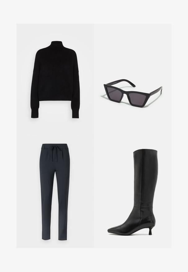 Juodas aukštas megztinis su ilgomis rankovėmis, trumpinta forma, megztos tekstūros ir prigludusiomis rankovėmis. Paprasta, vientisa spalva be raštų.; Tamsiai mėlynos, prigludusios kelnės su raišteliu, pagamintos iš minkštos, elastingos medžiagos, su lygiu priekiu ir siaurėjančiu modeliu.; Zign Batai - black; Juodos, kampuotos saulės akinios su pilkais stiklais; pagaminti iš plastiko, su storomis šakėmis, turinčiomis lygų paviršių ir be matomų detalių.; Juodas zomšos sankabos krepšys su užtrauktuku ir nuimamu riešo dirželiu. Krepšys turi auksinės spalvos detales ir lygią, matinę tekstūrą.