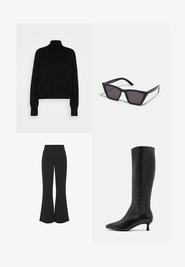 Musta poolpikkade varrukatega sviiter, mis on kootud tekstuuriga ja kitseneva disainiga. Lihtne, ühevärviline, ilma mustrita.; Musta väljavenyt housut, jotka on valmistettu sileästä kankaasta, joissa on tiukka vyötärö, sivutaskut ja siisti etupuoli, joka antaa räätälöidyn ilmeen.; Zign Saappaat - black; Mustat, kulmikkaat aurinkolasit harmailla linsseillä; valmistettu muovista, paksuilla varsilla, joissa on sileä pinta ja ilman näkyvää metalliosaa.; Musta nubukista valmistettu ristikkokassi, jossa on vetoketjusulku ja irrotettava rannekapseli. Varustettu kultasävyisillä osilla ja sileällä, matalla pinnalla.