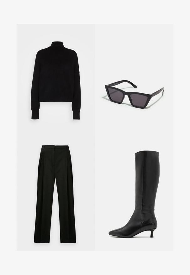 Čierny rolák s dlhými rukávmi, skrátený strih, pletená textúra a priliehavé manžety. Jednoduchá, jednoliata farba bez vzorov.; Čierne široké nohavice z textúrovaného materiálu, s prednými záhybmi a čistým, upraveným pásom. Bez viditeľných vreciek alebo ozdôb.; Zign Čižmy - black; Čierne, ostré slnečné okuliare so sivými sklami; vyrobené z plastu, majú hrubé ramená s hladkým povrchom a bez viditeľnej mechaniky.; Čierna semišová kabelka na ruku so zipsovým uzáverom a odnímateľným zápästným popruhom. Obsahuje zlaté kovové komponenty a hladký, matný povrch.
