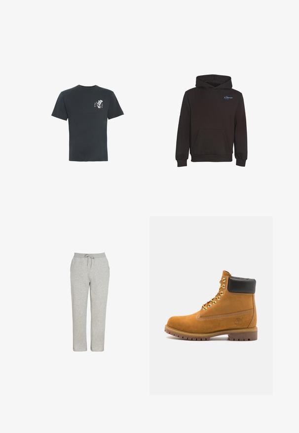 Black hooded sweatshirt with front pocket and small blue script logo on the upper left chest.; Black short-sleeve T-shirt with a small white graphic of a flying eagle and five stars on the left chest.; Gray sweatpants made of soft fabric featuring an elastic waistband with a drawstring, straight leg design, and no visible patterns or accents.; Tan suede ankle boot with black padded collar, gold metal eyelets, white stitching detailing, and rugged rubber sole with pronounced treads.