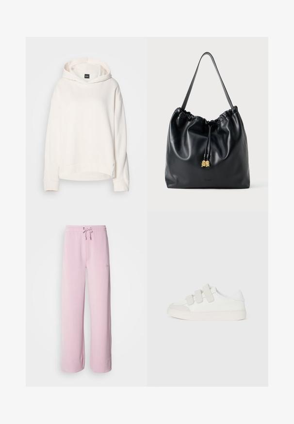 Kremfarget hettegenser laget av myk stoff, med snorhette, ribbede mansjetter, og en liten logo på forsiden. Avslappet passform.; Lys rosa joggebukser med snøring i livet, vide ben og brettet kant. Har et lite brodert logo på siden. Myk tekstur.; Hvit sneaker med en glatt lær-overdel, tre borrelåsremmer på forsiden, rund tå og en chunky lyse farget gummi sole.; Svart lær trekksekk med en glatt tekstur, samlet topp og subtilt gullbeslag. Har en enkelt solid stropp og preget logo.