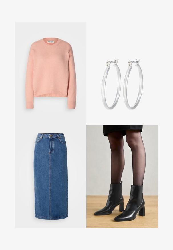 Svetlo roza, pletena pulover s okroglo izrezom, spuštenimi rameni in rebrastimi manšeti ter robom. Mehak material, sproščen dizajn.; Denim krilo, do kolen, modre barve, ravne krojne linije. Ima sprednje žepke, zanke za pas in kontrastno šivanje na šivih. Gladka tekstura.; Črne usnjene gležnjarje s koničastim nosom, masivnim kvadratnim petam in sleek oblikovanjem. Imajo elastične stranske panele za enostavno obuvanje.; Srebrni obroči za ušesa z gladko, polirano površino. Okrogla oblika in varna zaponka s klikom. Lahka zasnova, primerna za vsakodnevno nošenje.