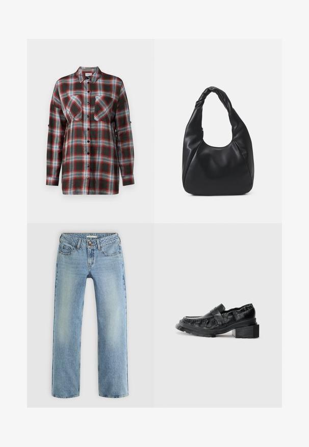 Červený flísový pulóver s vysokým golierom a zošitím na štyri gombíky, s dvoma bočnými vreckami a mäkkým, textúrovaným povrchom.; Košela s dlhými rukávmi v károvanom vzore s tmavozelenou, červenou, modrou a bielou farebnou schémou, s dvomi náprsními vreckami a zapínaním na gombíky.; Svetlo modré džíny so rovnými nohavicami vyrobené z denimu, s gombíkovým zapínaním, piatimi vreckami a jemným vyblednutím pozdĺž nohavíc.; Čierne kožené loafers s pevným podrážkou, s mierne zvýšeným blokovým podpätkom a štruktúrovaným zvrškom, zabezpečené predným pásom.; Čierna kabelka typu hobo z hladkého materiálu podobného kože s prekrútenou rukoväťou, s jemným, zaobleným tvarom a vrchným zipsom.; Sada dvanástich kruhových náušníc v striebornej a zlatej farbe. Obsahuje skrútené, hladké a textúrované vzory v rôznych veľkostiach a povrchových úpravách.