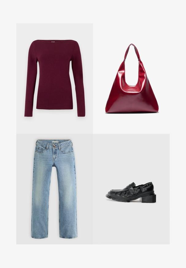 Red fleece pullover with a high collar and four-button placket, featuring two side pockets and a soft, textured surface.; Maroon long-sleeve top with a boat neckline, made of soft fabric. Features a fitted design and smooth texture, with no visible patterns or accents.; Light blue straight-leg jeans made of denim, featuring a button closure, five pockets, and subtle fading along the legs.; Black leather loafers with a structured sole, featuring a slightly raised block heel and a textured upper, secured by a front strap.; Red glossy leather handbag with a triangular shape, wide top opening, and a single curved handle. Smooth texture with minimal stitching details.; Set of twelve hoop earrings in silver and gold tones. Includes twisted, smooth, and textured designs with various sizes and finishes.