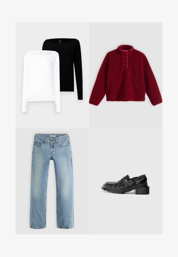 Rode fleece pullover met een hoge kraag en een vierknopsbies, voorzien van twee zijzakken en een zachte, textuurrijke oppervlakte.; Twee langmouwige tops. Eén wit en één zwart, beide van lichtgewicht katoen met een brede boot halslijn en slim fit.; Lichtblauwe rechte jeans van denim, met een knoopsluiting, vijf zakken en subtiele vervaging langs de benen.; Zwarte leren instappers met een gestructureerde zool, voorzien van een iets verhoogde blokhak en een textuur bovenkant, bevestigd met een voorkantriem.