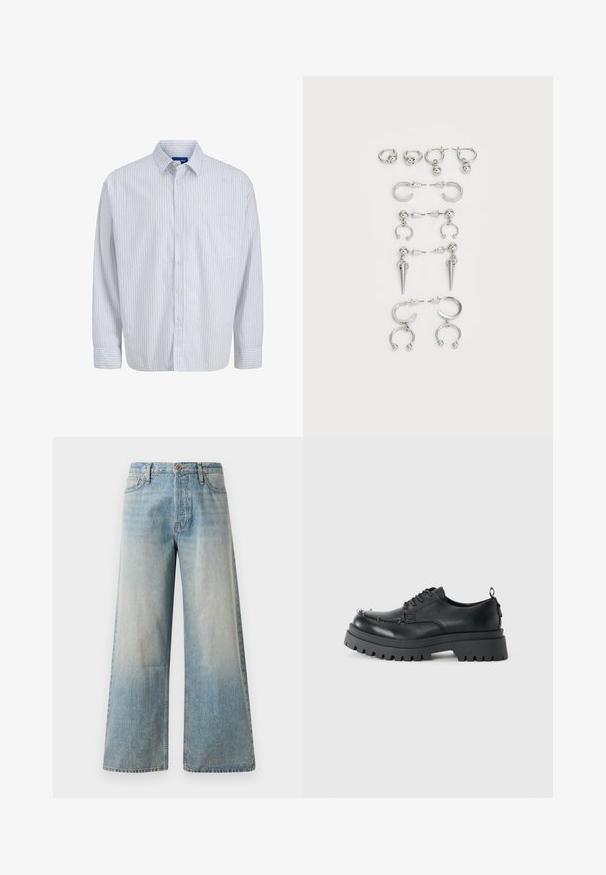 Strickpullover in hellbeige mit schwarzen geometrischen Mustern. Verfügt über einen runden Halsausschnitt, lange Ärmel und eine lockere Passform.; Langärmliges weißes Hemd mit dünnen vertikalen roten Streifen, einer Brusttasche, einem Kragen und geknöpften Manschetten.; Helle blaue Schlagjeans aus Denim. Sie verfügen über eine hohe Taille, einen Knopfverschluss und subtile Ausbleichungen mit einer glatten Textur und genähten Nähten.; Schwarzer klobiger Leder-Schnürschuh mit dickem, robustem Sohlen und Metallösen im Zehenbereich, fotografiert vor einem schlichten hellen Hintergrund.; Set von silbernen Ohrringen mit verschiedenen Designs: Creolen, Stecker und hängende Stile, mit Kugelakzenten und spitzen Elementen.