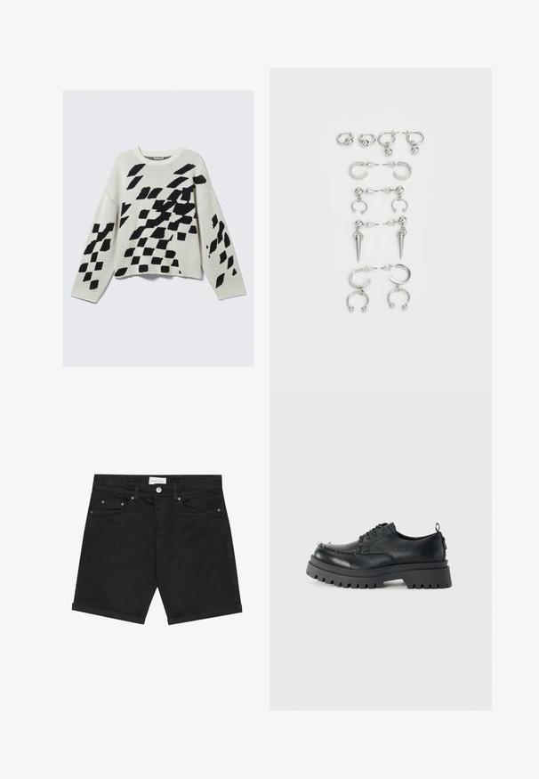Gebreid sweater in lichtbeige met zwarte geometrische patronen. Kenmerkt zich door een ronde halslijn, lange mouwen en een relaxte pasvorm.; Zwarte denimshorts met een klassieke snit, voorzien van een knoopsluiting, vijf zakken en omgeslagen zoom. Soepele textuur met subtiele patroondetails.; Zwarte chunky leren veterschoen met dikke robuuste zool en metalen oogjes op de neus, gefotografeerd tegen een effen lichte achtergrond.; Set van zilveren oorbellen met verschillende ontwerpen: hoops, studs en hangende stijlen, met balletjes en puntige elementen.