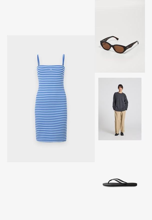 Pulover gri cu o croială lejeră și tiv ondulat, asociat cu pantaloni bej cu manșete și pantofi negri. Textură netedă, design minimalist.; Rochie bodycon cu bretele, în dungi alternative de albastru și albastru deschis, confecționată dintr-un material ribbat, cu o siluetă ajustată și un detaliu cu logo la piept.; Încălțăminte tip flip-flop neagră cu o talpă din cauciuc texturat, două bretele subțiri și un detaliu discret, embosat cu logo pe bretea.; Ochelari de soare tortoise black cu lentile maro, design unghiular și brațe late cu un detaliu subtil al logo-ului. Textură de plastic neted.