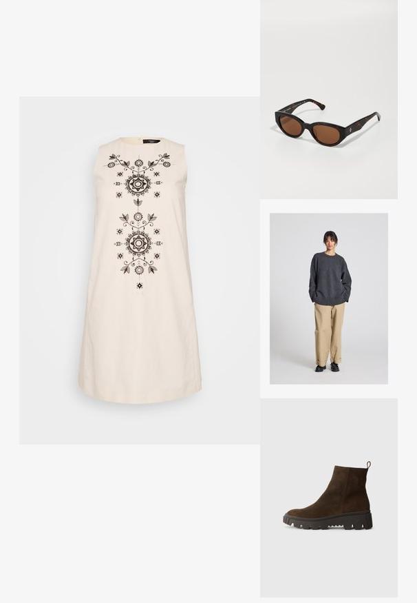 Szary sweter o luźnym kroju z ribbowanym wykończeniem, zestawiony z beżowymi spodniami z mankietami i czarnymi butami. Gładka tekstura, minimalistyczny design.; Bezrekawnikowa sukienka w kolorze kremowym, zdobiona wyszukanym czarnym haftem z motywami kwiatowymi i geometrycznymi biegnącymi wzdłuż centralnej części oraz okrągłym dekoltem.; Brązowy zamszowy botek za kostkę z masywną czarną gumową podeszwą, posiadający lekki obcas i pętelkę z tyłu ułatwiającą zakładanie.; Czarne okulary przeciwsłoneczne w tortoishell z brązowymi soczewkami, kanciasty design i szerokie oprawki z subtelnym logo. Gładka tekstura plastiku.; Zielona zamszowa torba typu tote o miękkiej fakturze, luźnym fasonie i przeszywanych szwach. Posiada jeden uchwyt oraz otwartą główną komorę.