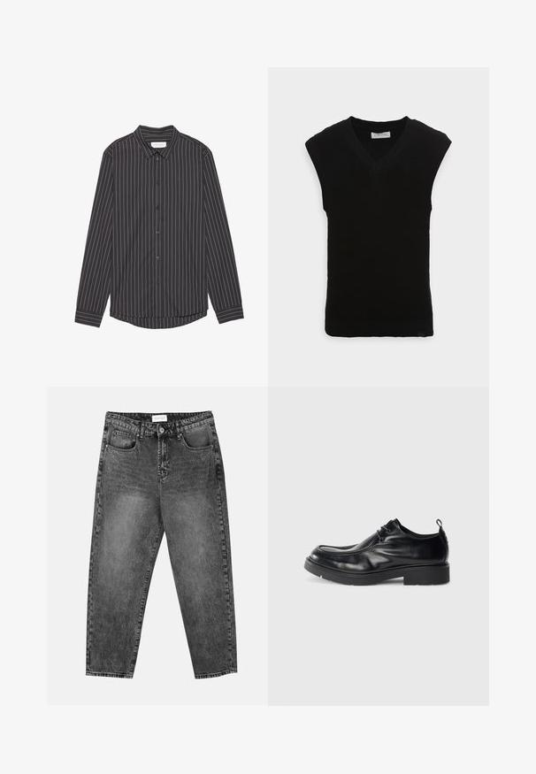 Svart ermeløs strikket vest med V-halsdesign og ribbet tekstur, med en jevn kant og uten ekstra dekorasjoner.; Svart langermet skjorte med hvite vertikale striper, krage, knappelukking foran og buet kant. Laget av et glatt stoff.; Sett med fem kortermede t-skjorter i hvit, beige, lys grå, mørk grå og svart. Laget av glatt bomull, med rund hals design.; Svarte, tvättade, rette jeaner med front- og baklommer, beltehemper og knappelukking i livet.; Sorte skinnsko med rund tå, snøring foran og dekorativ søm. Har en tykk, strukturell gummisåle og hælflik.