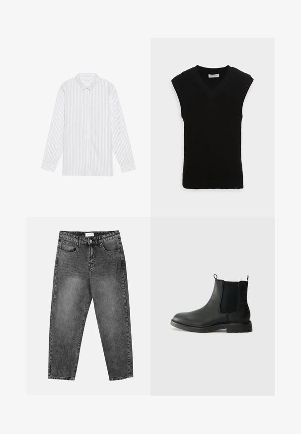 Black sleeveless knitted vest with a V-neck design and ribbed texture, featuring a smooth hem and no additional embellishments.; White button-up shirt with thin black vertical stripes, featuring a classic collar and long sleeves with buttoned cuffs.; Black washed straight-leg jeans with front and back pockets, belt loops, and a button closure at the waist.; Black leather chelsea boots with elastic side panels, pull tabs, rounded toe, and textured rubber sole. Smooth surface and sturdy design.