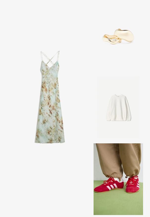 Bershka Sportska majica - white; Maksu haljina sa trakama na spaghetti, svijetlozelene boje, uzorka nalik akvarelu s zemljanim smeškim naglascima. Glatka tkanina s tečnom siluetom.; Crvene antilop sportske cipele s bijelim prugama, ravnim gumeni potplat i crvene vezice. Nosene s bež hlačama, smještene na zelenoj površini.; Zlatne naušnice organskog, zrnastog oblika s glatkom, reflektirajućom površinom; imaju minimalistički dizajn bez vidljivih dijelova.