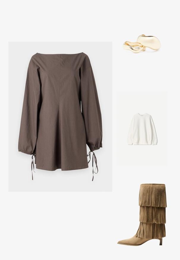 Bershka Felpa - white; Top marrone, senza spalle, realizzato in tessuto testurizzato, con maniche lunghe dotate di lacci e una vestibilità morbida e rilassata.; Stivale alla caviglia in suede color ocra con tre strati di frange. Punta affusolata e tacco basso a blocco. Texture liscia su tutta la superficie.; Orecchini color oro con una forma organica simile a un fagiolo e una superficie liscia e riflettente; presentano un design minimalista senza hardware visibile.