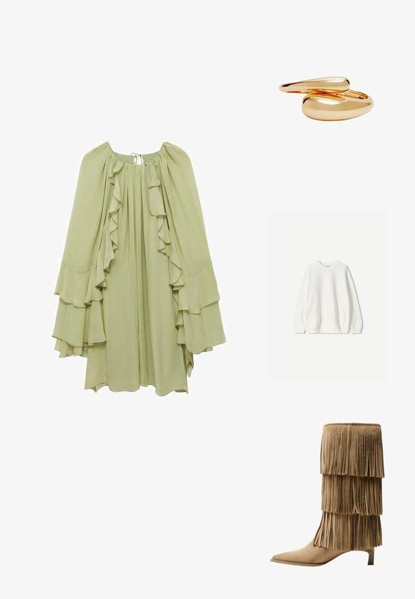 Bershka - Bluza; Mango - Sukienka letnia; Botki na kostkę w kolorze jasnobrązowym z zamszu, z trzema warstwami frędzli. Szpiczasty nos i niski klocek. Gładka faktura na całej powierzchni.; Złocone pierścionki o gładkich, zaokrąglonych kształtach splatające się ze sobą. Wysoki połysk z refleksyjną powierzchnią, ukazujący bezszwowy design.